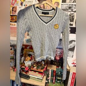 Social Scene Cute cropped grey cable knit sweater with smiley face patch XS